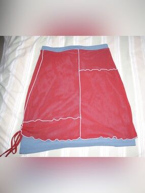 Red Paneled Mini Skirt with Blue Trim